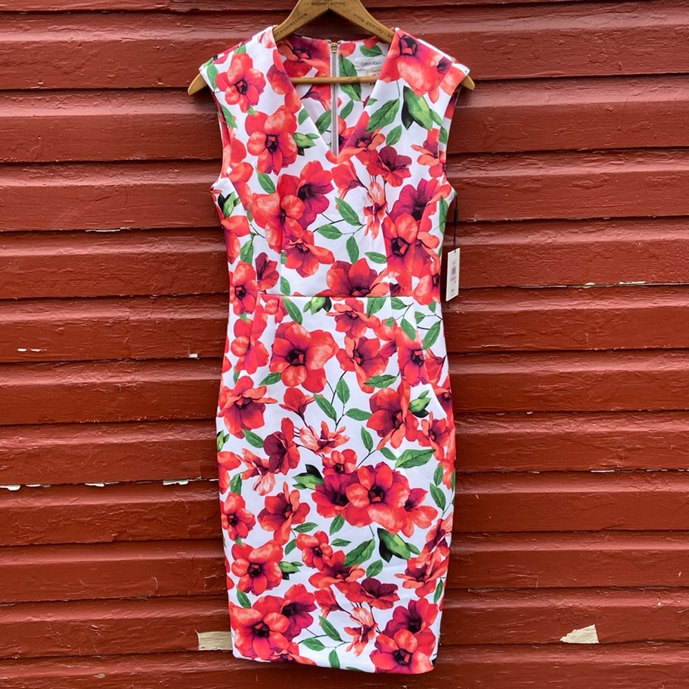 NWT Calvin Klein Floral Scuba Knit Sleeveless V-Neck Sheath Dress Women's Size 6 - Picture 4 of 13